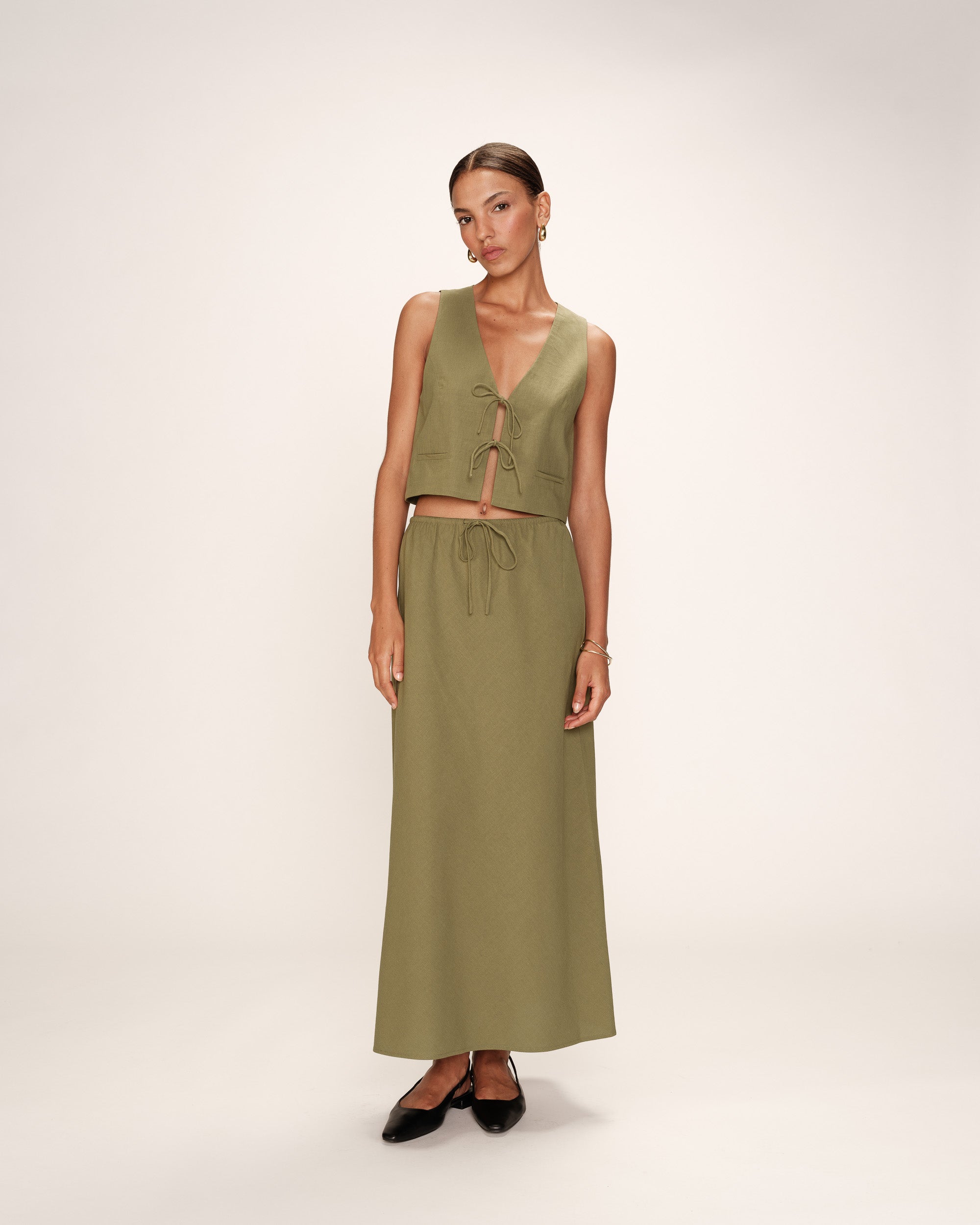 Jupe longue en lin et coton vert Rousse