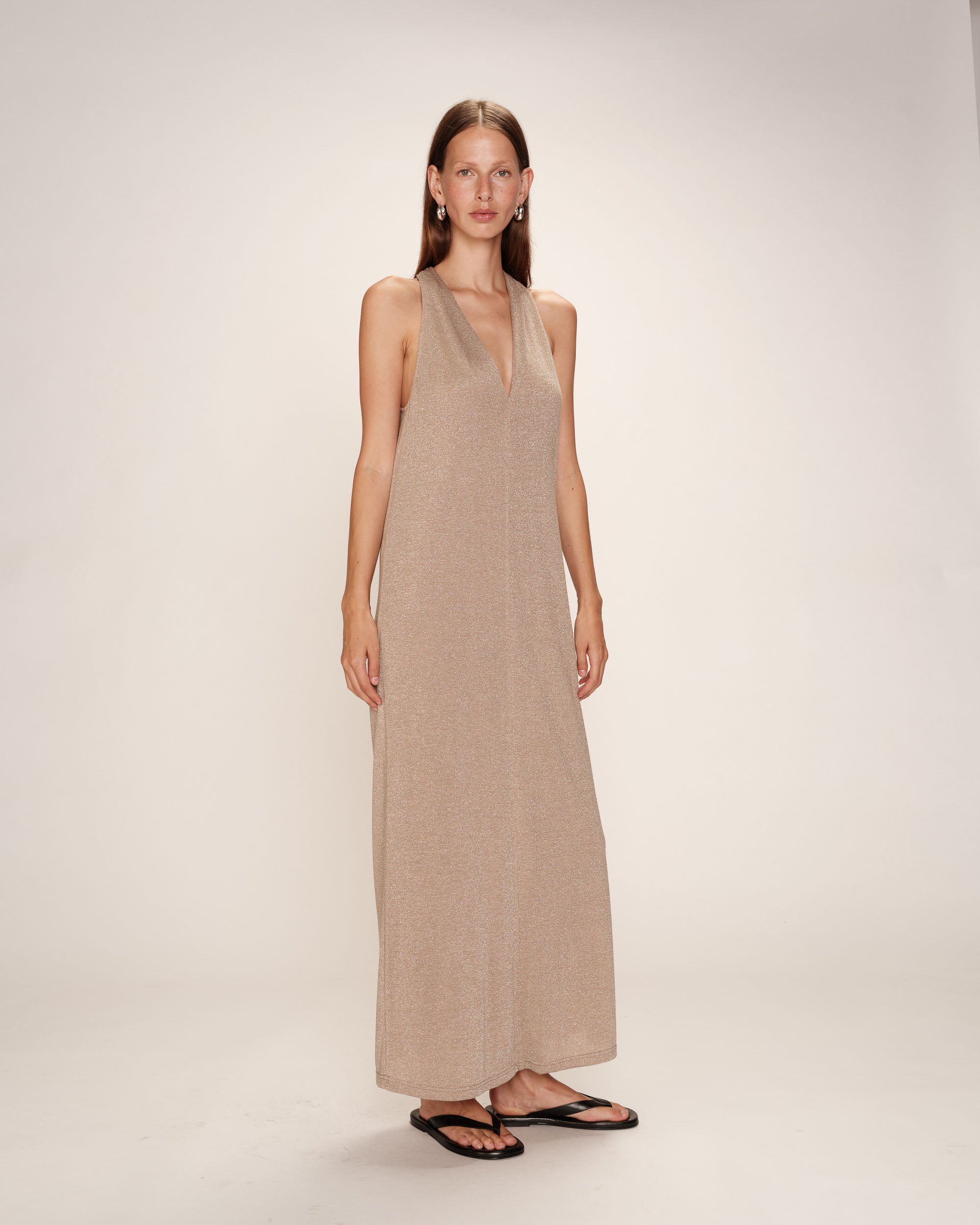 Robe mi-longue en lurex taupe Rani